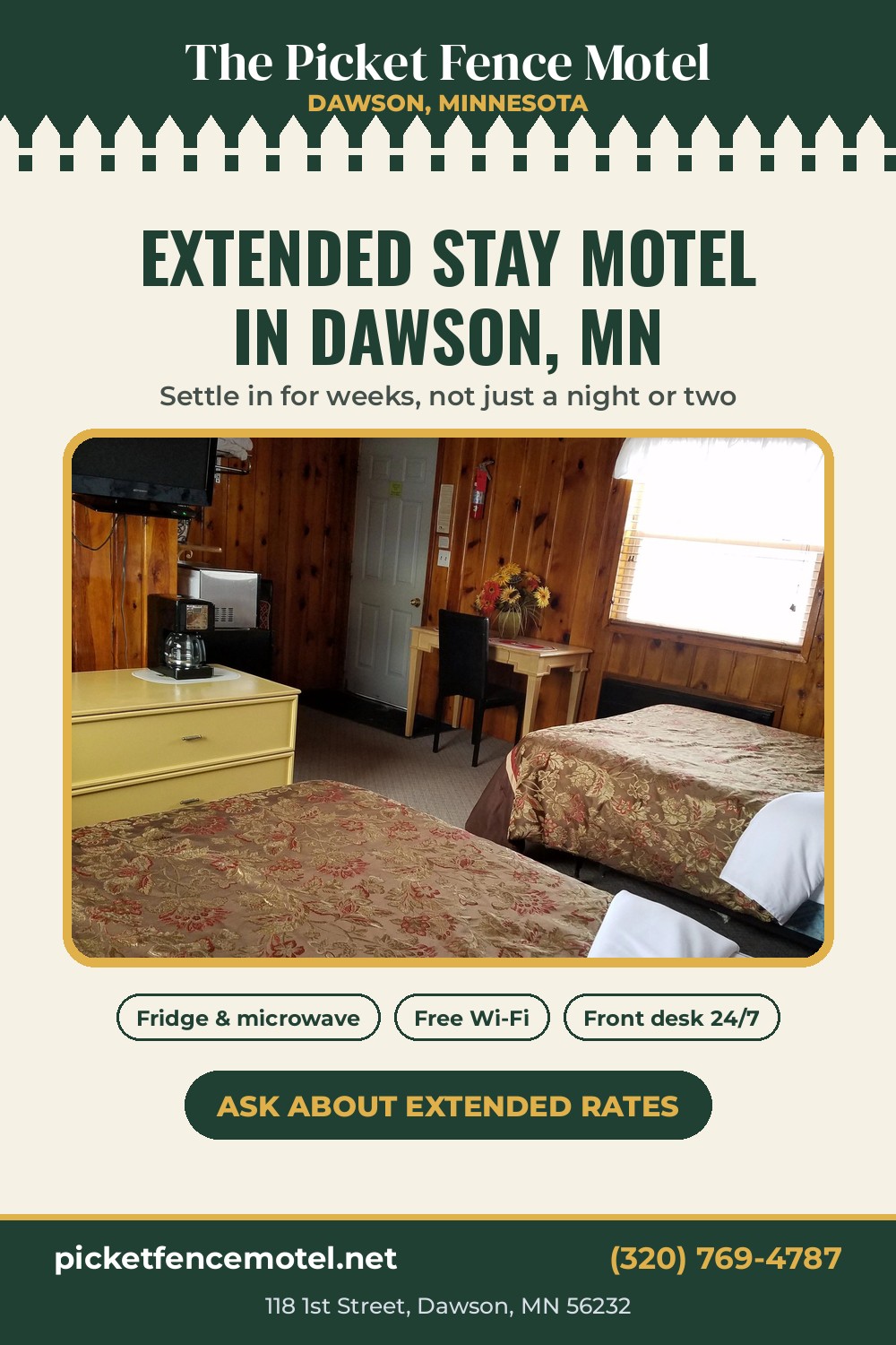 Extended stay motel in Dawson, MN poster for The Picket Fence Motel showing a guest room with two beds, microwave and coffee maker